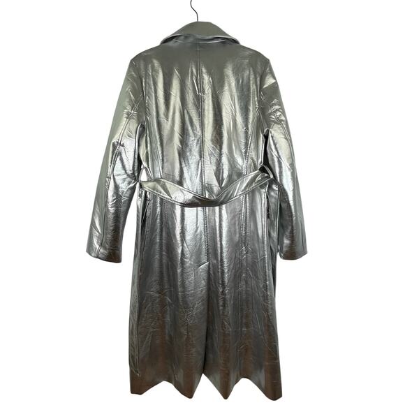Avec Les Filles Silver Metallic Button Front Trench Coat Belted Medium *flawed - Picture 7 of 13